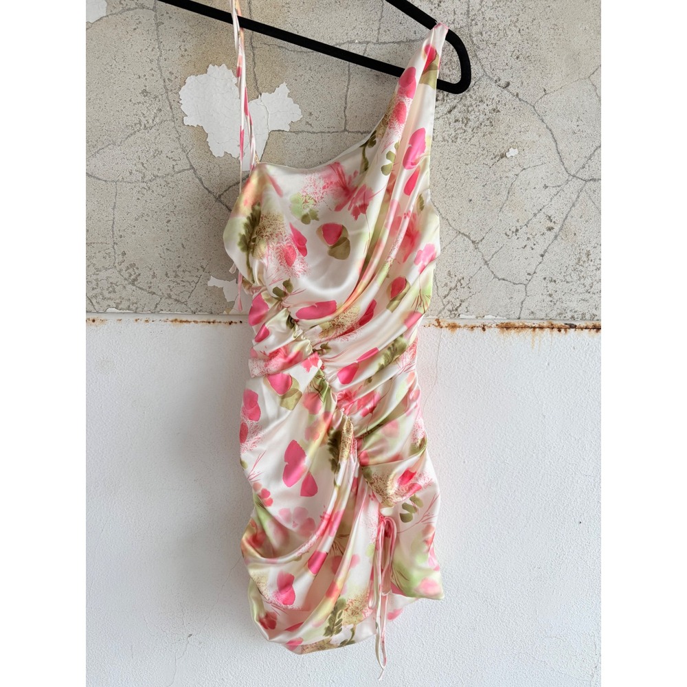 Mistress Rocks‎ Floral Ruched Mini Dress Asymmetrical Strappy Bodycon Womens M